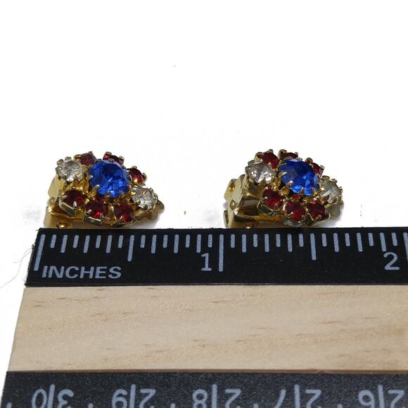 Vintage Lisner Red Blue Patriotic Earrings, Rhinestones Clips, 1950s - Picture 5 of 10
